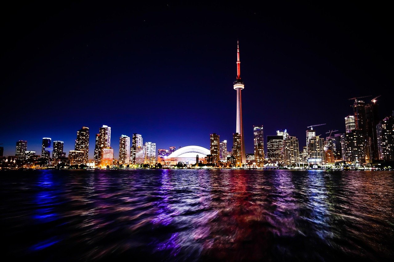 toronto, city, cn tower, nature, skydome, skyline, architecture, buildings, towers, lights, dark, night, water, reflection, urban, cityscape, city lights, skyscrapers
